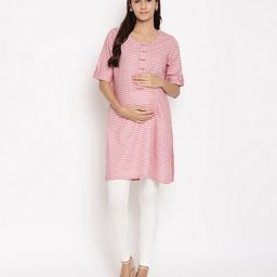 Kriti Three Fourth Sleeves Striped Maternity Ethnic Kurta - Pink-image-5