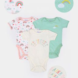 Mi Arcus Pack Of 3 Short Sleeves Rainbow & Polka Dot Print Detailing Onesies - White Pink Green-image-52