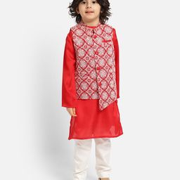 Piccolo Full Sleeves Kurta With Pajama & Chikankari Embroidered Jacket - Red-image-76