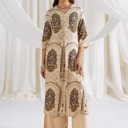 Nehamta Floral Printed V-Neck Beads & Stones Straight Kurta With Palazzos-image-60