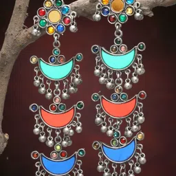 MoedbuilleSilver-Plated Artificial Stones Studded Crescent Shaped Oxidised Drop Earrings-5