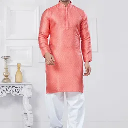 OUTLUK Ethnic Motifs Woven Design Mandarin Collar Silk Jacquard Straight Kurta-image-71