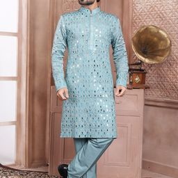 EVASTRO Ethnic Motifs Embroidered Mirror Work Pure Cotton Straight Kurta With Pyjama-image-16