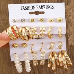 GOLDIWALA Set of 24 Gold-Plated Contemporary Shaped Pearls Hoop Earrings-39
