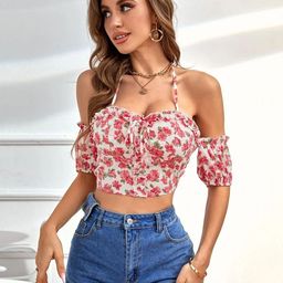 Stylecast X Slyck Floral Print Sweetheart Neck Cold-Shoulder Crop Top-image-97