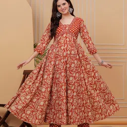 Mizaz Floral Printed Empire Mirror Work Pure Cotton Anarkali Kurta With Trousers & Dupatta-2