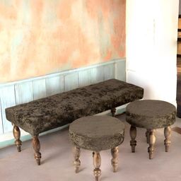 Ikiriya Green & Brown Wood Accent 3 Seater Bench Set With 2 Stools-image-96