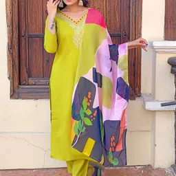 HERE&NOW Women Ethnic Motifs Embroidered Regular Kurta with Trousers & Dupatta-image-67