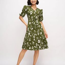 DressBerry Women Floral Printed Belted V-Neck Fit & Flare Dress-image-96