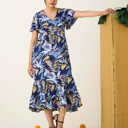 R.Code by The Roadster Life Co. Women Tropical Printed Tiered Fit and Flare Midi Dress-image-16