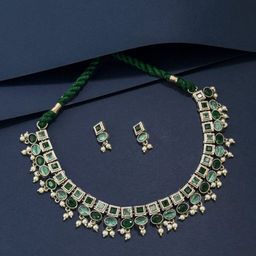 NAMAN ARTS Silver-Plated Oxidised Stone Studded & Beaded Jewellery Set-image-10