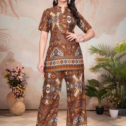 HERE&NOW Printed Mandarin Collar Tunic With Palazzos Co-Ords-image-91