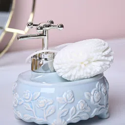 MARKET99 Turquoise-Blue & White Floral Ceramic Soap Dispenser With Scrubber-17