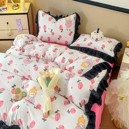 JC HOME Pink & White Floral Printed Double Queen Bedding Set-image-31