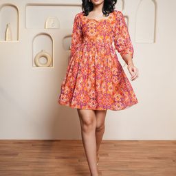 PURVAJA Women Printed Puff Sleeve Fit & Flare Dress-image-47