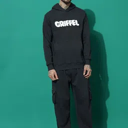 GRIFFEL Men Brand Logo Printed Oversized Mid-Rise Hooded Long Sleeves Tracksuits-picture-49