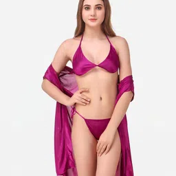 Dreambe Women Satin Solid Robe with Bra & Thong Baby Dolls-picture-44
