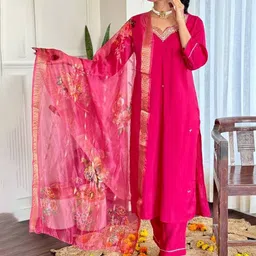 Divyadham Textiles Women Ethnic Motifs Regular Thread Work Chanderi Silk Kurta with Pyjamas & With Dupatta-image-57