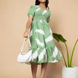 ZWERLON Print Puff Sleeve A-Line Midi Dress-27