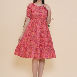 Modish Couture Ethnic Motifs Print Puff Sleeve Fit & Flare Dress-image-3