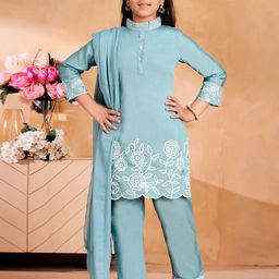 Aarika Girls Ethnic Motifs Embroidered Regular Pure Silk Kurta with Trousers & With Dupatta-picture-58