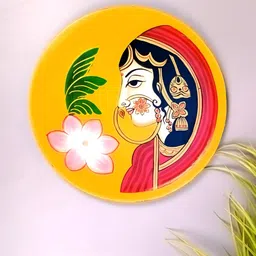 apka mart Red & Yellow Traditional Lady Printed Wooden Wall Plate-57
