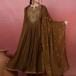 Brand Hill Yoke Design Thread Work Chanderi Silk Anarkali Kurta With Trousers & Dupatta-picture-44