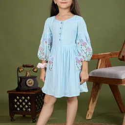 TINY TWILLS Girls Floral Embroidered Bishop Sleeve Fit & Flare Dress-picture-46
