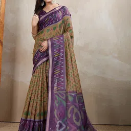 JYA Women Olive Wine Floral Printed Tissue Silk Saree With Blouse Piece-image-99