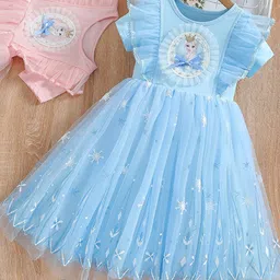 YK Girls Cartoon Characters Self Design Flutter Sleeves Fit and Flare Knee Length Dress-image-72