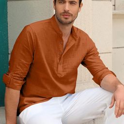 Zombom Men Cotton Mandarin Collar Roll Up Sleeves Short Kurta-image-106