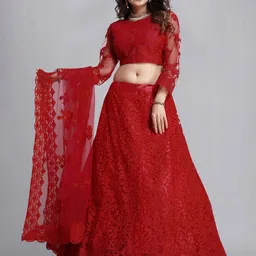 Warthy Ent Embroidered Thread Work Semi-Stitched Net Lehenga & Blouse With Dupatta-picture-21