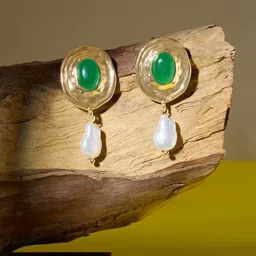 AMI Gold-Plated Artificial Stones Studded and Pearls Beaded Oval Drop Earrings-24