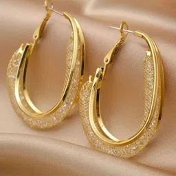 Estailo fashion Stainless Steel Crystals Studded Contemporary Hoop Earrings-image-1