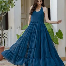 Jaipurite Women Georgette Halter Neck Tiered Maxi Dress-image-32