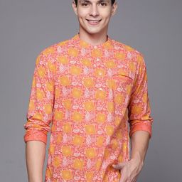 Indo Era Men Pink & Mustard Yellow Cotton Block Print Kurta-13