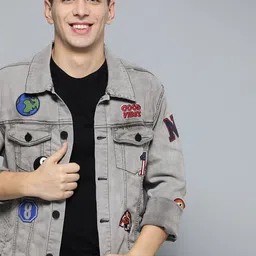 HERE&NOW Men Grey Solid Denim Jacket with Applique Detail-picture-19