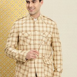 House of Pataudi Jashn Mandarin Collar Checked Bandhgala Blazer-image-87