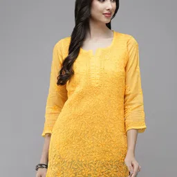 ADA Yellow Hand Embroidered Chikankari Kota Handloom Kurti With Matching Slip-image-10