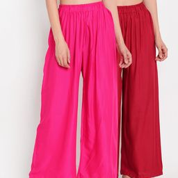 TAG 7 Women Set of 2 Pink & Maroon Solid Flared Palazzos-picture-24