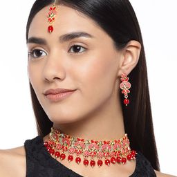 Peora 18K Gold-Plated & Red Kundan Studded Jewellery Set-image-43