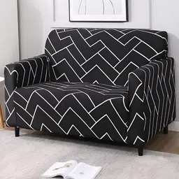 HOKIPO Black & White Printed 2 Seater Elasticated Sofa Cover With Arms-image-12