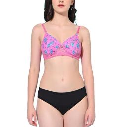 FIMS Pink & Black Floral Print Bra Panty Set-30