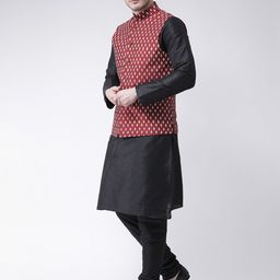 DEYANN Men Black Solid Kurta with Pyjamas & Nehru Jacket image 5