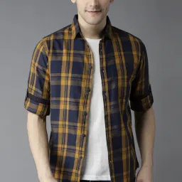 Dennis Lingo Mustard & Navy Cotton Slim Fit Checks Shirt-image-91