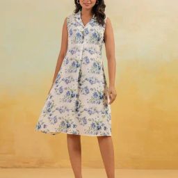 Janasya Off White Floral Printed A-Line Dress-image-96