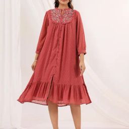 Janasya Pink Embroidered A-Line Dress-image-14