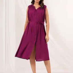 Janasya Purple Plain A-Line Dress-picture-10