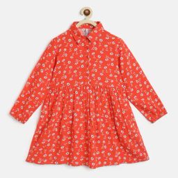 Campana Kids Red Floral Print Full Sleeves Dress-image-88