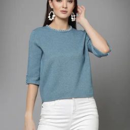 Mafadeny Teal Embellished Sweater-picture-12